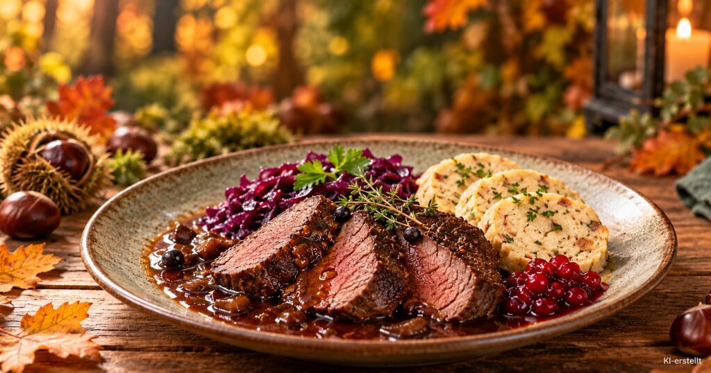 Wildgericht mit Hirschbraten, Rotkraut, Serviettenknödeln und Preiselbeeren – KI-erstelltes Symbolbild
